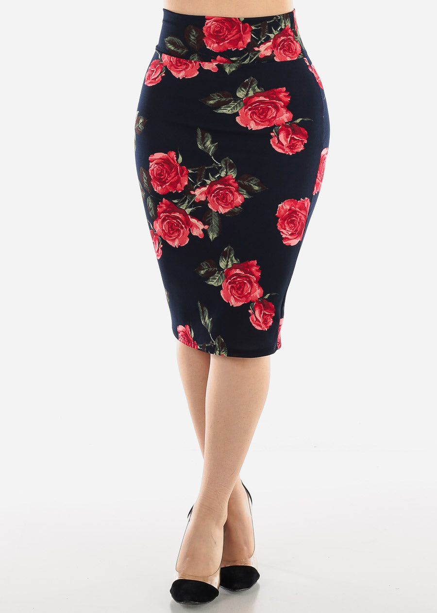 Navy Floral Bodycon Pencil Skirt